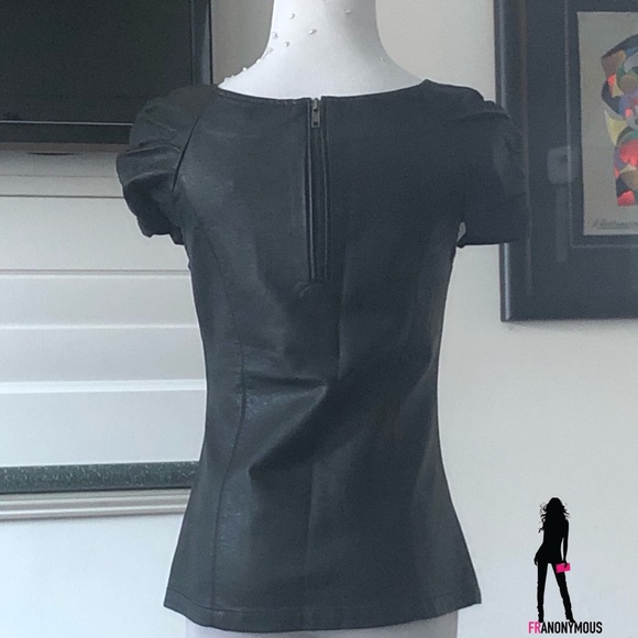 Topshop Black Leather Short Sleeve Tee Shirt - Picture 2 of 3